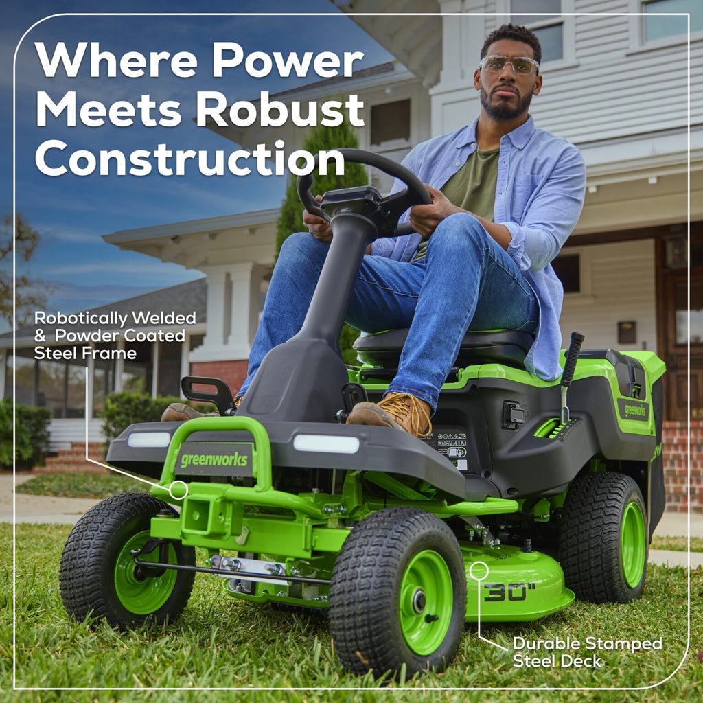 GREENWORKS 60V Lawn Tractor Rear Catcher Electric Riding Mower with 2x4.0Ah/2x8.0Ah Batteries & Wall-Mounted Rapid Charger Kit - 30" Cut 7404907AU  - FREE REDEMPTION KIT