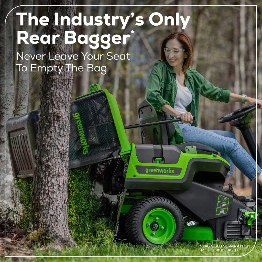 GREENWORKS 60V Lawn Tractor Rear Catcher Electric Riding Mower with 2x4.0Ah/2x8.0Ah Batteries & Wall-Mounted Rapid Charger Kit - 30" Cut 7404907AU  - FREE REDEMPTION KIT