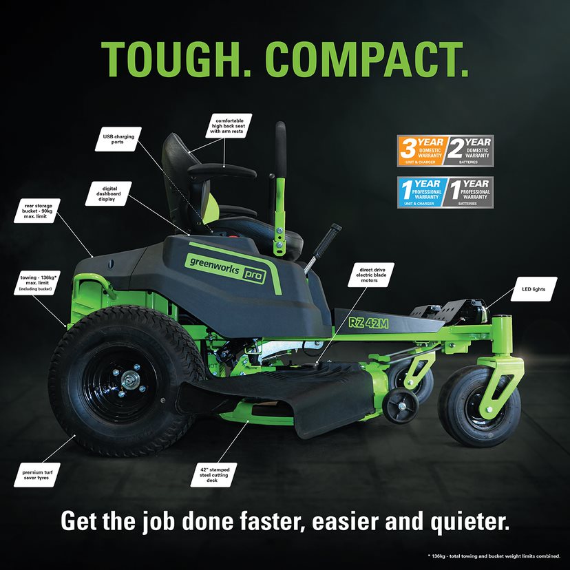 GREENWORKS 60V Pro Electric Zero Turn Mower with 8.0Ah Battery & Dual Rapid Charger Kit - 42" Cut 7400807AU - FREE REDEMPTION KIT