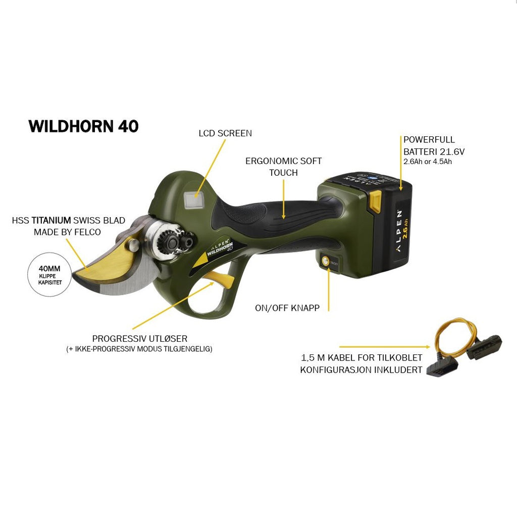 Alpen Wildhorn 40 Professional Electric Pruner Shear Secateurs 2x Battery, Maintenance & Storage Kit