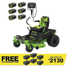 Load image into Gallery viewer, GREENWORKS 60V GEN1.5 Pro Electric Zero Turn Mower with 8.0Ah Battery &amp; Rapid Wall Charger Kit - 42" Cut 7405507AU - FREE REDEMPTION KIT