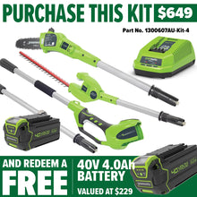 Load image into Gallery viewer, GREENWORKS 40V Pole Saw (Pruner) &amp; Hedge Trimmer 2-in-1 with 4.0Ah Battery &amp; Charger Kit - FREE REDEMPTION KIT