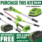 GREENWORKS 40V Pole Saw (Pruner) & Hedge Trimmer 2-in-1 with 4.0Ah Battery & Charger Kit - FREE REDEMPTION KIT