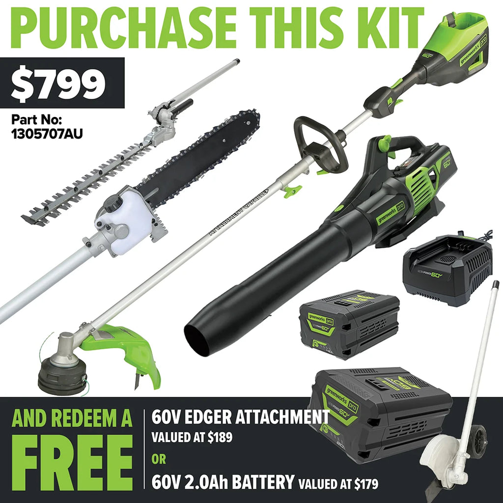 GREENWORKS 60V Pro Straight Shaft String Trimmer Skin, Axial Blower, Hedge Trimmer/Pole Saw Attachment 4.0Ah Battery & Charger Kit - FREE REDEMPTION KIT