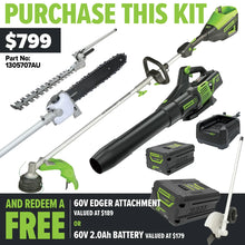 Load image into Gallery viewer, GREENWORKS 60V Pro Straight Shaft String Trimmer Skin, Axial Blower, Hedge Trimmer/Pole Saw Attachment 4.0Ah Battery &amp; Charger Kit - FREE REDEMPTION KIT