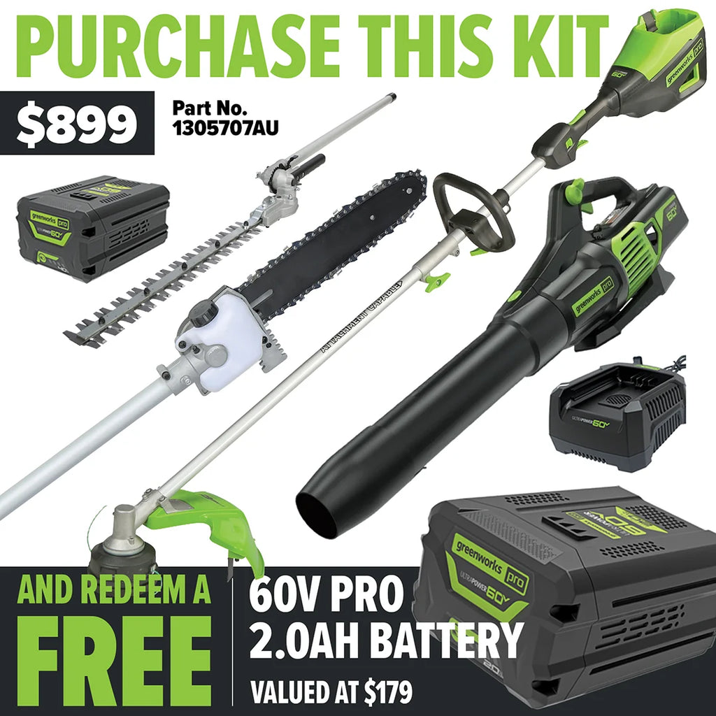 GREENWORKS 60V Pro Straight Shaft String Trimmer Skin, Axial Blower, Hedge Trimmer/Pole Saw Attachment 4.0Ah Battery & Charger Kit - FREE REDEMPTION KIT