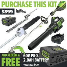 Load image into Gallery viewer, GREENWORKS 60V Pro Straight Shaft String Trimmer Skin, Axial Blower, Hedge Trimmer/Pole Saw Attachment 4.0Ah Battery &amp; Charger Kit - FREE REDEMPTION KIT