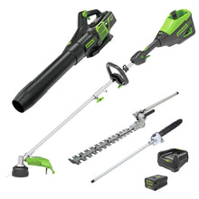 Load image into Gallery viewer, GREENWORKS 60V Pro Straight Shaft String Trimmer Skin, Axial Blower, Hedge Trimmer/Pole Saw Attachment 4.0Ah Battery &amp; Charger Kit 1305707AU