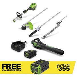 GREENWORKS 60V Pro Straight Shaft String Trimmer Skin, Axial Blower, Hedge Trimmer/Pole Saw Attachment 4.0Ah Battery & Charger Kit 1305707A - FREE REDEMPTION KIT