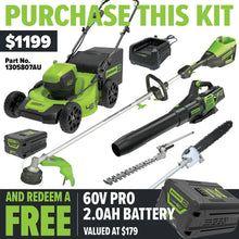 Load image into Gallery viewer, GREENWORKS 60V Pro Brushless Self-Propelled Lawnmower 46cm (18”), Axial Blower, String Trimmer and Hedge Trimmer/Polesaw Attachment, 4.0Ah/2.0Ah Battery &amp; Charger Ultimate Bonus Kit - FREE REDEMPTION KIT