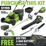 GREENWORKS 60V Pro Brushless Self-Propelled Lawnmower 46cm (18”), Axial Blower, String Trimmer and Hedge Trimmer/Polesaw Attachment, 4.0Ah/2.0Ah Battery & Charger Ultimate Bonus Kit - FREE REDEMPTION KIT