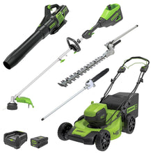 Load image into Gallery viewer, GREENWORKS 60V Pro Brushless Self-Propelled Lawnmower 46cm (18”), Axial Blower, String Trimmer and Hedge Trimmer/Polesaw Attachment, 4.0Ah/2.0Ah Battery &amp; Charger Ultimate Bonus Kit 1305807AU- FREE REDEMPTION KIT