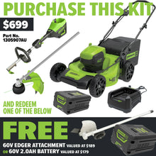 Load image into Gallery viewer, GREENWORKS 60V Pro Brushless Lawnmower 46cm (18”), Multi-tool String Trimmer, 4.0Ah Battery &amp; Charger Kit - FREE REDEMPTION KIT