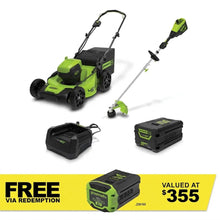Load image into Gallery viewer, GREENWORKS 60V Pro Brushless Lawnmower 46cm (18”), Multi-tool String Trimmer, 4.0Ah Battery &amp; Charger Kit 1305907AU - FREE REDEMPTION KIT