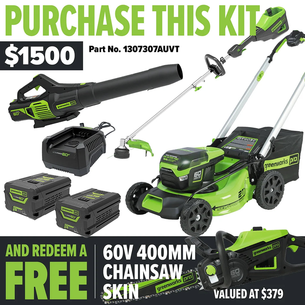 GREENWORKS 60V Pro Brushless Self-Propelled Lawnmower 51cm (21”), Axial Blower, String Trimmer, 4.0Ah/6.0Ah Battery & Charger, Chainsaw (16") Ultimate Start Up Kit - FREE REDEMPTION KIT