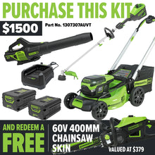 Load image into Gallery viewer, GREENWORKS 60V Pro Brushless Self-Propelled Lawnmower 51cm (21”), Axial Blower, String Trimmer, 4.0Ah/6.0Ah Battery &amp; Charger, Chainsaw (16&quot;) Ultimate Start Up Kit - FREE REDEMPTION KIT