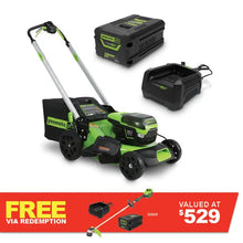 Load image into Gallery viewer, GREENWORKS 60V Pro Brushless Self-Propelled Lawnmower 51cm (21”) 6.0Ah Battery &amp; Charger Kit 2516407AUVT - FREE REDEMPTION KIT