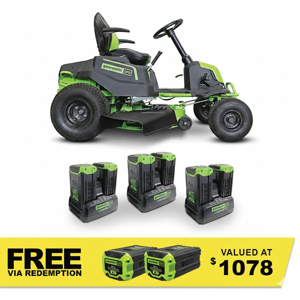 GREENWORKS 60V Pro Electric Ride-on Lawnmower with 6x 8.0Ah Battery & 3x Dual Rapid Charger Kit - 42" Cut 7400707AU - FREE REDEMPTION KIT