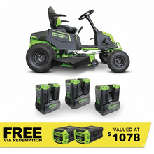 Load image into Gallery viewer, GREENWORKS 60V Pro Electric Ride-on Lawnmower with 6x 8.0Ah Battery &amp; 3x Dual Rapid Charger Kit - 42" Cut 7400707AU - FREE REDEMPTION KIT