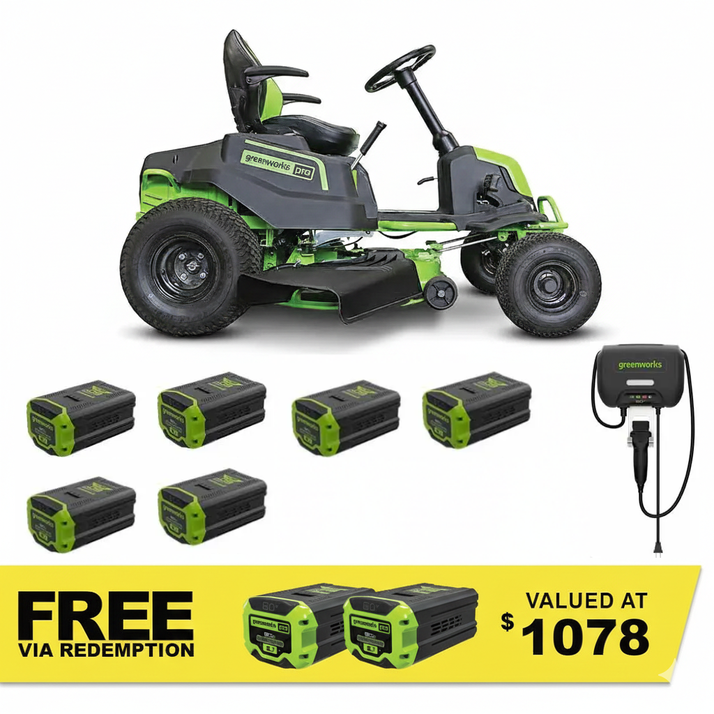 GREENWORKS 60V Pro Electric Ride-on Lawnmower with 6x 8.0Ah Battery & 1x Rapid Wall Charger Kit - 42