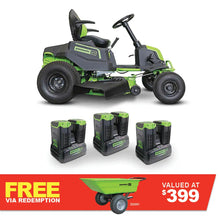 Load image into Gallery viewer, GREENWORKS 60V Pro Electric Ride-on Lawnmower with 8.0Ah Battery &amp; Dual Rapid Charger Kit - 42&quot; Cut 7400707AU - FREE REDEMPTION KIT