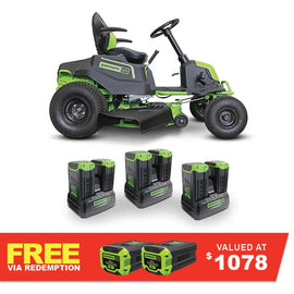 GREENWORKS 60V Pro Electric Ride-on Lawnmower with 8.0Ah Battery & Dual Rapid Charger Kit - 42