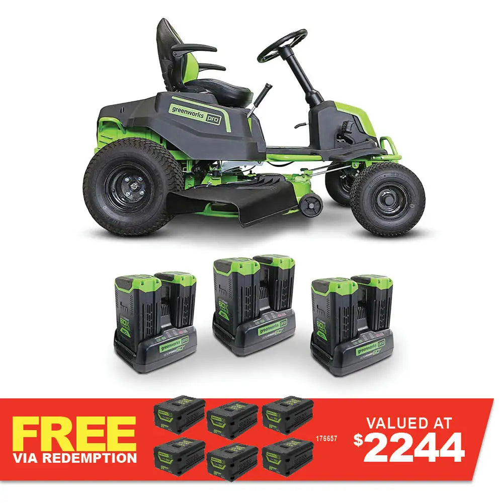 GREENWORKS 60V Pro Electric Ride-on Lawnmower with 8.0Ah Battery & Dual Rapid Charger Kit - 42" Cut 7400707AU - FREE REDEMPTION KIT