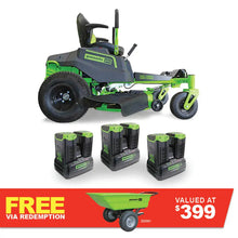 Load image into Gallery viewer, GREENWORKS 60V Pro Electric Zero Turn Mower with 8.0Ah Battery &amp; Dual Rapid Charger Kit - 42&quot; Cut 7400807AU - FREE REDEMPTION KIT