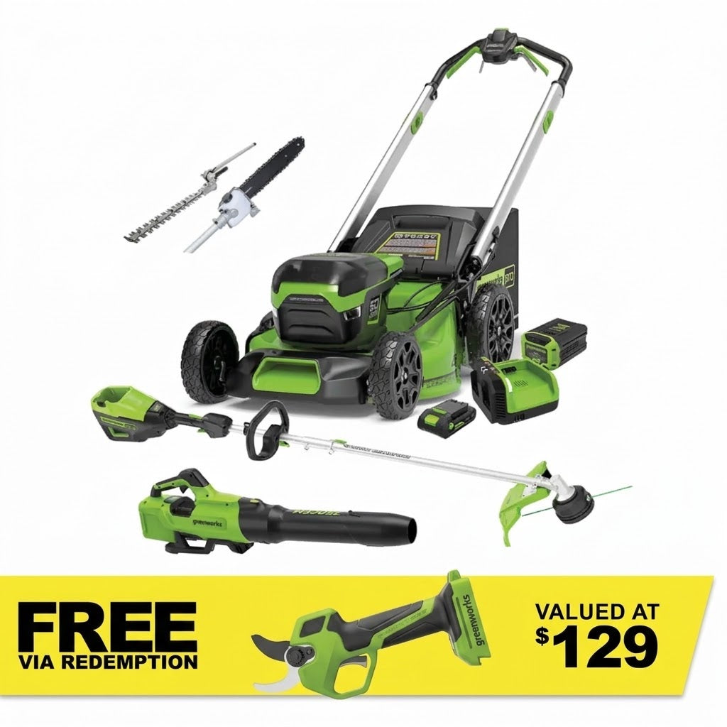 GREENWORKS 60V Pro Brushless Self-Propelled Lawnmower 46cm (18”) String Trimmer, Hedge Trimmer/Pole Saw Attachments, Axial Blower 4.0Ah/24V 2.0Ah Battery & Fast Charger Start Up Kit CKM051A1 - FREE REDEMPTION KIT