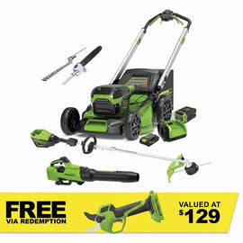 GREENWORKS 60V Pro Brushless Self-Propelled Lawnmower 46cm (18”) String Trimmer, Hedge Trimmer/Pole Saw Attachments, Axial Blower 4.0Ah/24V 2.0Ah Battery & Fast Charger Start Up Kit CKM051A1 - FREE REDEMPTION KIT