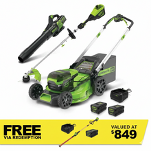 Load image into Gallery viewer, GREENWORKS 60V Pro Brushless Self-Propelled Lawnmower 51cm (21”), Axial Blower, String Trimmer, 4.0Ah/6.0Ah Battery &amp; Fast Charger Ultimate Start Up Kit 1307307AUVT - FREE REDEMPTION KIT