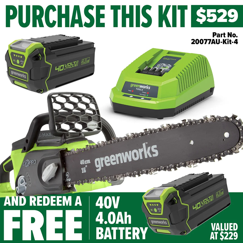 GREENWORKS 40V Chainsaw (16" Bar) 4.0Ah Battery & Charger Kit - FREE REDEMPTION KIT