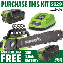 Load image into Gallery viewer, GREENWORKS 40V Chainsaw (16&quot; Bar) 4.0Ah Battery &amp; Charger Kit - FREE REDEMPTION KIT