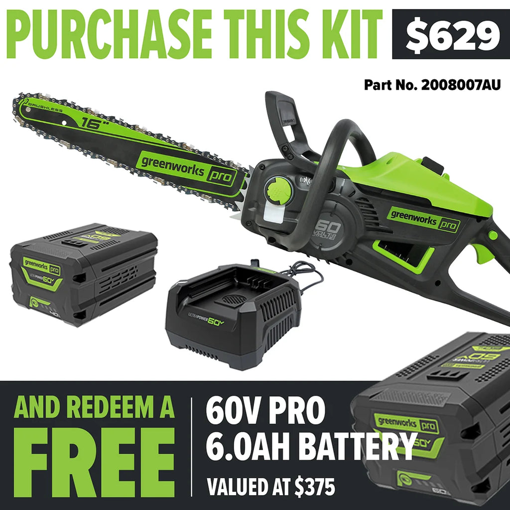 GREENWORKS 60V Pro Chainsaw (16" Bar) 4.0Ah Battery & Charger Kit - FREE REDEMPTION KIT