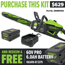 Load image into Gallery viewer, GREENWORKS 60V Pro Chainsaw (16&quot; Bar) 4.0Ah Battery &amp; Charger Kit - FREE REDEMPTION KIT