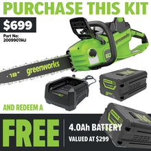Load image into Gallery viewer, GREENWORKS 60V Pro Chainsaw (16&quot; Bar) 4.0Ah Battery &amp; Charger Kit - FREE REDEMPTION KIT