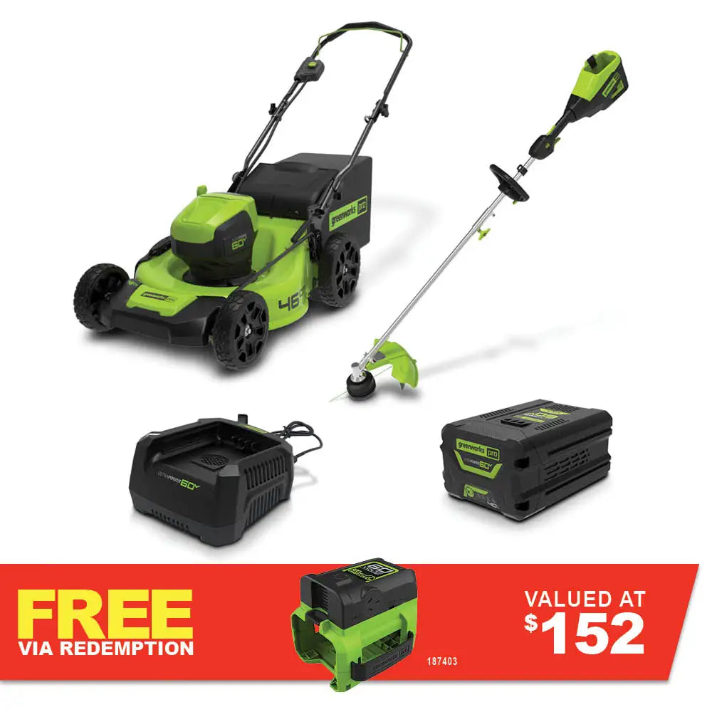 GREENWORKS 60V Pro Brushless Lawnmower 46cm (18”), Multi-tool String Trimmer, 4.0Ah Battery & Charger Kit 1305907AU - FREE REDEMPTION KIT