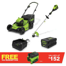 Load image into Gallery viewer, GREENWORKS 60V Pro Brushless Lawnmower 46cm (18”), Multi-tool String Trimmer, 4.0Ah Battery &amp; Charger Kit 1305907AU - FREE REDEMPTION KIT