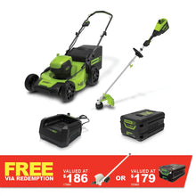 Load image into Gallery viewer, GREENWORKS 60V Pro Brushless Lawnmower 46cm (18”), Multi-tool String Trimmer, 4.0Ah Battery &amp; Charger Kit 1305907AU - FREE REDEMPTION KIT