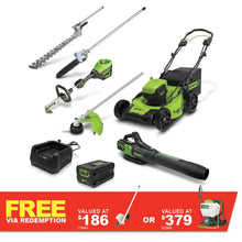 Load image into Gallery viewer, GREENWORKS 60V Pro Brushless Self-Propelled Lawnmower 46cm (18”), Axial Blower, String Trimmer and Hedge Trimmer/Polesaw Attachment, 4.0Ah/2.0Ah Battery &amp; Charger Ultimate Bonus Kit 1305807AU- FREE REDEMPTION KIT