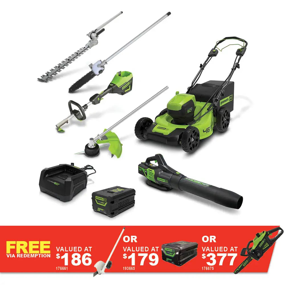 GREENWORKS 60V Pro Brushless Self-Propelled Lawnmower 46cm (18”), Axial Blower, String Trimmer and Hedge Trimmer/Polesaw Attachment, 4.0Ah/2.0Ah Battery & Charger Ultimate Bonus Kit 1305807AU- FREE REDEMPTION KIT