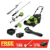GREENWORKS 60V Pro Brushless Self-Propelled Lawnmower 46cm (18”), Axial Blower, String Trimmer and Hedge Trimmer/Polesaw Attachment, 4.0Ah/2.0Ah Battery & Charger Ultimate Bonus Kit 1305807AU- FREE REDEMPTION KIT