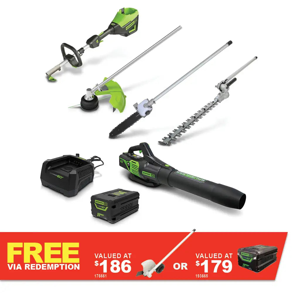 GREENWORKS 60V Pro Straight Shaft String Trimmer Skin, Axial Blower, Hedge Trimmer/Pole Saw Attachment 4.0Ah Battery & Charger Kit 1305707AU - FREE REDEMPTION KIT