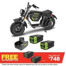 Load image into Gallery viewer, GREENWORKS 60V STEALTH Twin Series Off-Road Electric Mini Bike 8.0Ah Batteries &amp; Dual Charger Kit 7403707AU - FREE REDEMPTION KIT