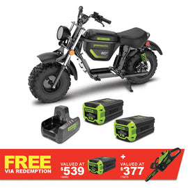 GREENWORKS 60V STEALTH Twin Series Off-Road Electric Mini Bike 8.0Ah Batteries & Dual Charger Kit 7403707AU - FREE REDEMPTION KIT