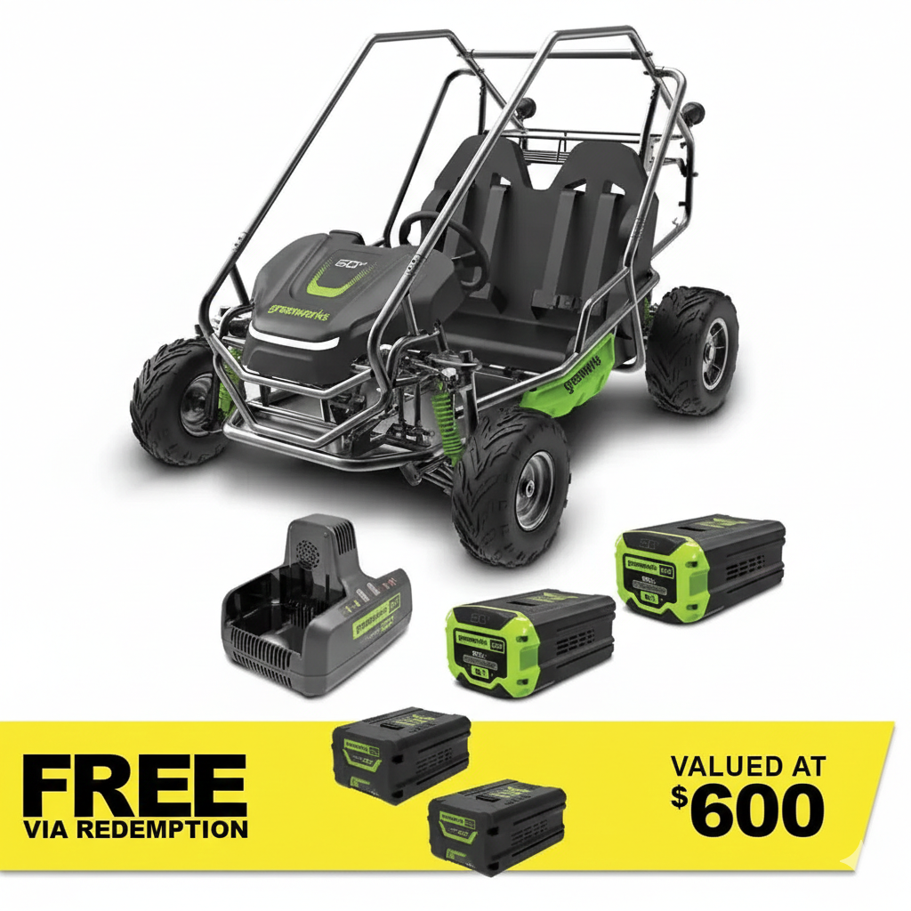 GREENWORKS 60V STEALTH Twin Series All-Terrain 2-Seat Electric Go-Kart 8.0Ah Batteries & Dual Charger Kit 7403607AU - FREE REDEMPTION KIT