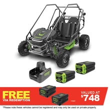 Load image into Gallery viewer, GREENWORKS 60V STEALTH Twin Series All-Terrain 2-Seat Electric Go-Kart 8.0Ah Batteries &amp; Dual Charger Kit 7403607AU - FREE REDEMPTION KIT
