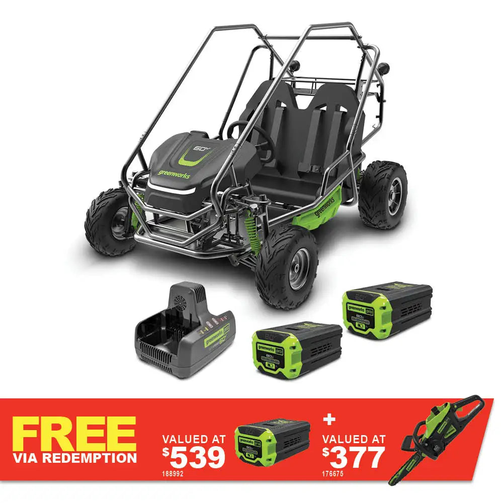 GREENWORKS 60V STEALTH Twin Series All-Terrain 2-Seat Electric Go-Kart 8.0Ah Batteries & Dual Charger Kit 7403607AU - FREE REDEMPTION KIT