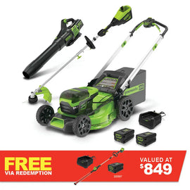GREENWORKS 60V Pro Brushless Self-Propelled Lawnmower 51cm (21”), Axial Blower, String Trimmer, 4.0Ah/6.0Ah Battery & Fast Charger Ultimate Start Up Kit 1307307AUVT - FREE REDEMPTION KIT