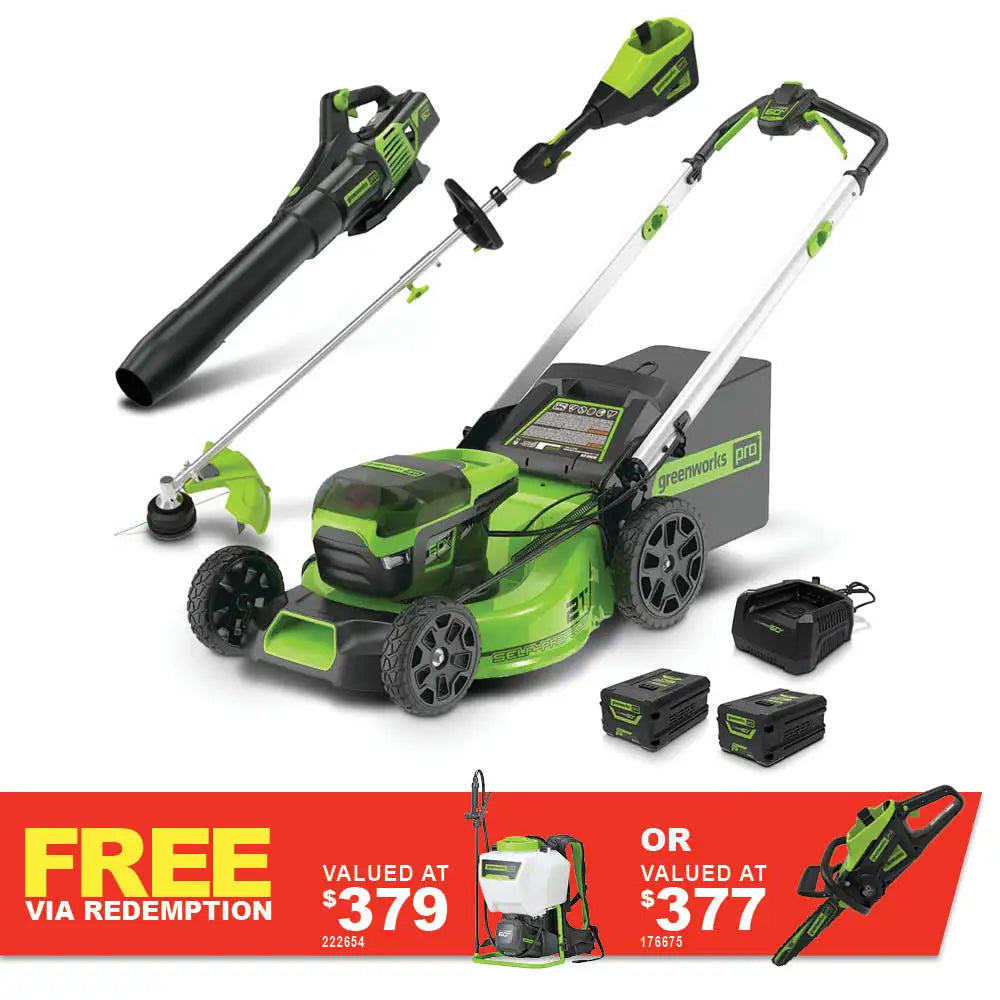GREENWORKS 60V Pro Brushless Self-Propelled Lawnmower 51cm (21”), Axial Blower, String Trimmer, 4.0Ah/6.0Ah Battery & Fast Charger Ultimate Start Up Kit 1307307AUVT - FREE REDEMPTION KIT